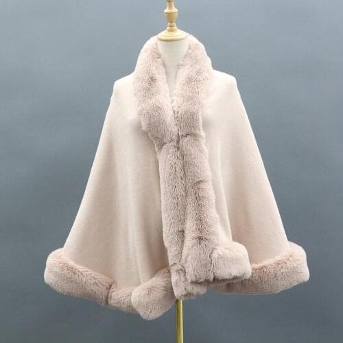 Cloak cape women warm Big Faux Fox Fur Neck Cloak Stitch Long Bawting Sleeves Shawl Knitted Outside Coat