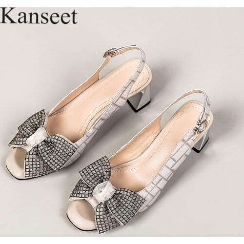 Kanseet 2021 New Womens Sandals Summer Sweet Bow-Tie Female Shoes Dress Genuine Leather Thick High Heels Black Women Sandals