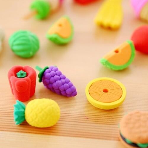 Wholesale 15 sets fruit cake vegetables dinosaur kids erasers for pencils children school supplies kawaii eraser sets stationary