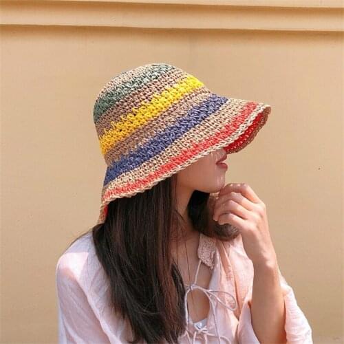 Summer Beach Womens Bucket Hat Straw Made Rainbow Crochet Foldable Panama Hat Female Beach Sun Visor Cap