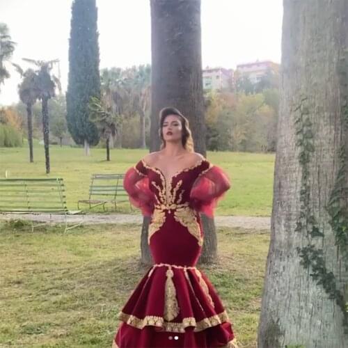 Sexy Burgundy Mermaid Muslim Dubai Evening Dresses See Thru Gold Appliques Moroccan Kaftan Algerian Arabic Tiered Prom Dresses