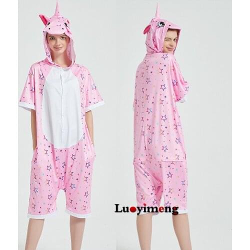 New Kigurumi Onesies Pajamas for Women Men Couples Short Sleeve Pyjamas Summer Animal Cartoon Hooded Sleepwear Lounge Nightwear