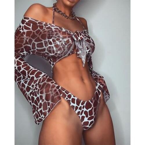 Animal Print Leopard Bikini Sexy Swimwear Bather Bra Female Bandeau Thong Push Up Beach Wear Swimsuit Bikinis Set 3 Piece Set