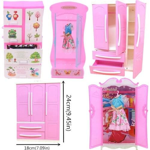 4 Style Pink Closet Wardrobe Clothes Storage Home For Barbies Girls Toy Princess Bedroom Furniture Doll House Accessories