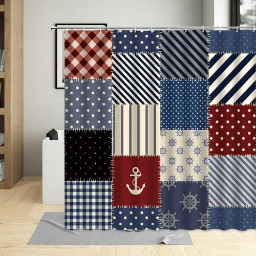 Nordic Style Mediterranean Nautical Plaid Anchor Bathtub Curtains Waterproof Blue Background Shower Curtain Art Decor Screens
