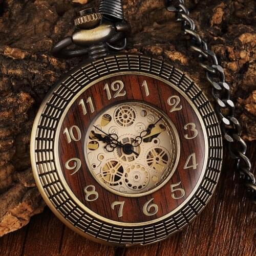 Vintage Wood Circle Carved Number Dial Mechanical Pocket Watch Men Unique Hollow Steampunk Retro Mechanical Clock Watches Chain