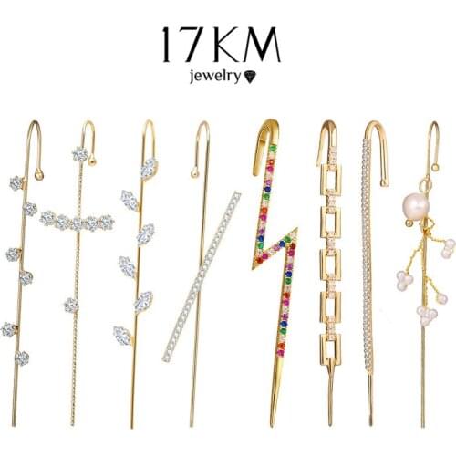 Vintage Rainbow Crystal Ear Climber Earrings For Women Men Gold Chain Stud Earrings Pearl Ear Hook Cuff Earring Jewelry