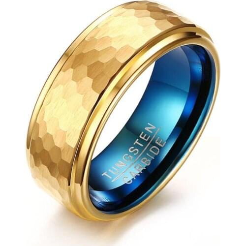 POYA Tungsten Ring Gold Blue Hammered Wedding Band Stepped Edges Comfort Fit