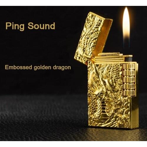 Dragon Gas Lighter Grinding Jet Gas Flint Lighter Butane Metal Emboss PING Bright Sound Cigar Cigarette Lighter Inflated NO GAS
