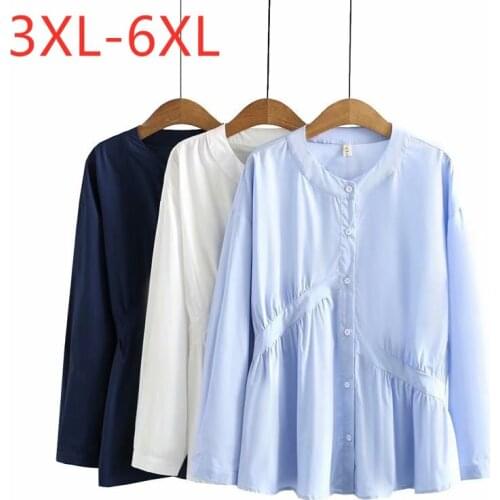 New 2021 Ladies Spring Autumn Plus Size Tops For Women Large Blouse Long Sleeve Loose Cotton Fold Blue Shirt 3XL 4XL 5XL 6XL