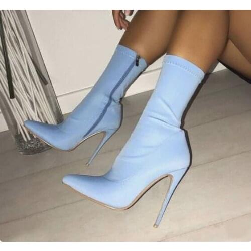 Hot Selling 2019 Blue Sky Pointed Toe Stiletto Heel Boots Customized Slim Fit Stretch Runway Bootie Customized Women Ankle Boots