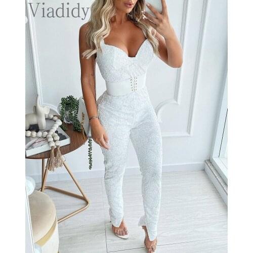 Women Elegant Deep V Neck Floral Pattern Rompers Spaghetti Strap White Jumpsuits Without Belt