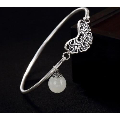 Vintage Handmade Silver Bracelet Bangle For Women Natural White Jade Peony Bangle Fine Jewelry 925 Sterling Silver 2019