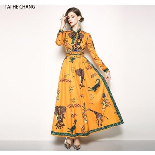 Women fashion designer autumn elegant vestidos slim bodycon vintage casual party runway print animal work long sleeve maxi dress