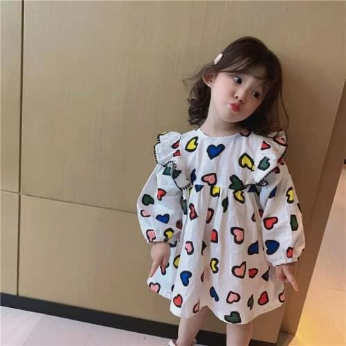 2020 cute baby girl dress cotton children clothes long sleeve girls rainbow dresses Spring heart printed princes party costumes
