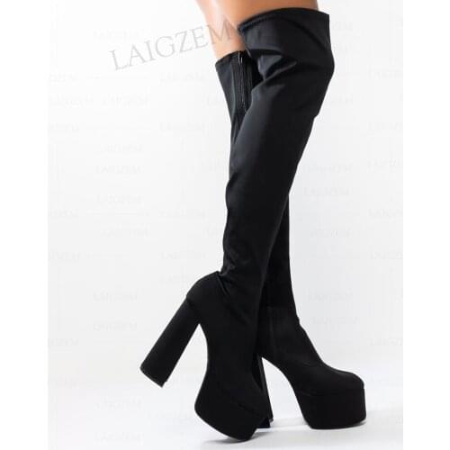 BERZIMER Women Over Knee Boots Elastic Fabric High Chunky Block Heels Boots Black Ladies Female Shoes Woman Plus Size 41 42 47