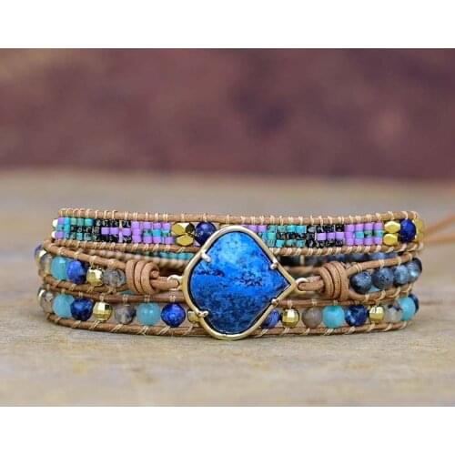 Healing Blue-veins Stone Wrap Bracelet Irregular Pendant Leather 3 Layers Bracelet for Women Dropshipping