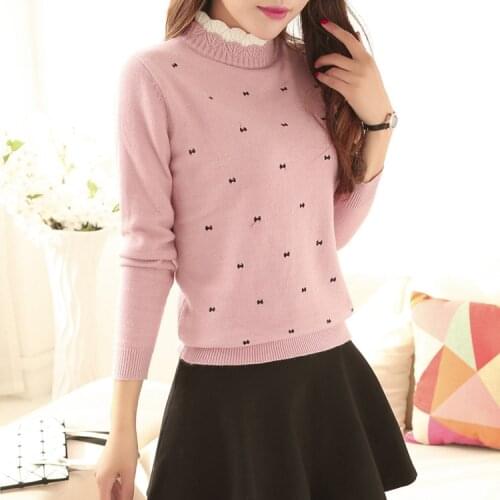 Brand Autumn Women Fashion Lace Turtleneck Pull Femme Solid Cute Bowknot Embroidery Long Sleeve Slim Pullover Sweater 917