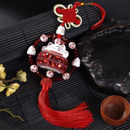 Cearmic Lucky Cat Crystal High Grade Tassel Pendant Car Hanging Ornament Fortune Upscale Decoration