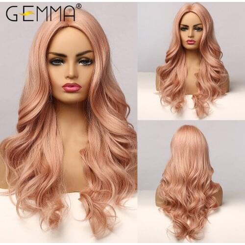 GEMMA Long Wavy Synthetic Wig Light Pink Women Girls Wig Afro Natural Middle Part Cosplay Party Lolita Hair Heat Resistant Fiber