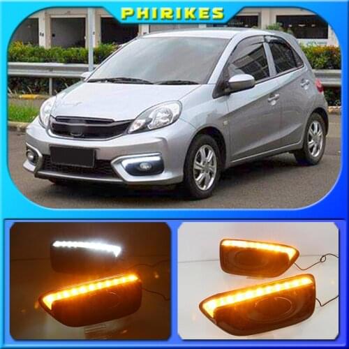 1Pair DRL Car 12V LED Daytime Running Light Fog Lamp cover daylight For Honda Brio 2016 2017 ABS with Yellow turn signal