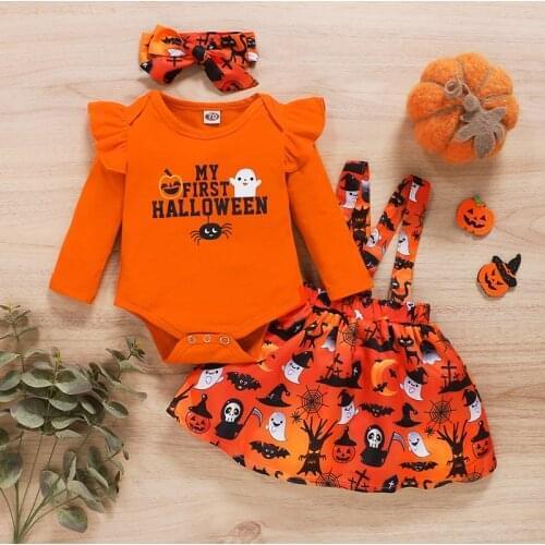 Melario 0-3Y Baby Halloween Costume 3pcs Newborn Infant Girl Long Sleeve Romper Halloween Pumpkin Print Suspender Skirt Headband