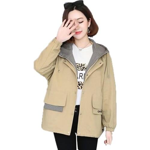 Short Women Jackets Spring Autumn 2021 New Large Size 4XL Windbreaker Coat Female Loose Hooded Zipper Tooling Feminino Outwear