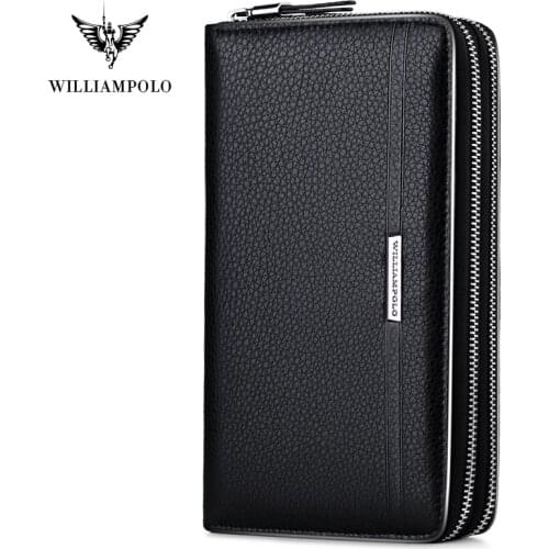 WilliamPOLO Men Wallets Long Clutch bag Genuine Leather Cards Holder Double Zipper Wallets luxury Phone ID card Coin Purse Men
