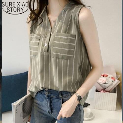 Cool Plus Size Outside Wearing Pattern Striped Shirt Top 2021 Summer Women Fashion Sleeveless Chiffon Blouse Female