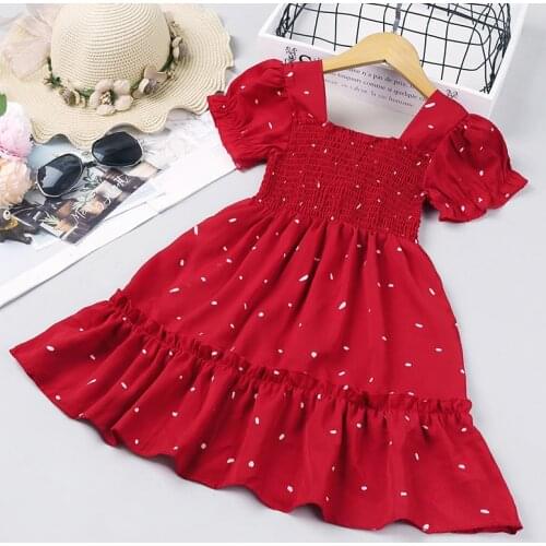 Summer Little Girls Casual Princess Dresses Ruffles Short Sleeve Dress Fashion Polka Dot Square Collar A-line Mid-length Dress