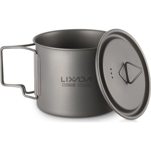 Lixada Titanium Cup Mug Pots Outdoor Portable Tableware Camping Picnic Water Cup with Foldable Handle 300/350/420/550/650/750ml
