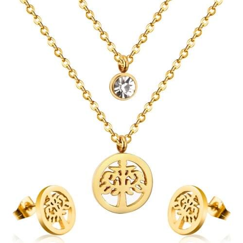 LUXUKISSKIDS New Arrival Tree Round Crystal Pendant Double Dubai Wedding Necklace Earring Sets For Women Jewelry Wholesale