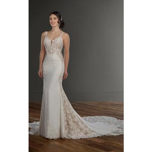 Molanda Hung 2021 Luxury Mermaid Wedding Dresses V Neck Lace Applique Button Back Court Train Beads Spaghetti Straps HA084