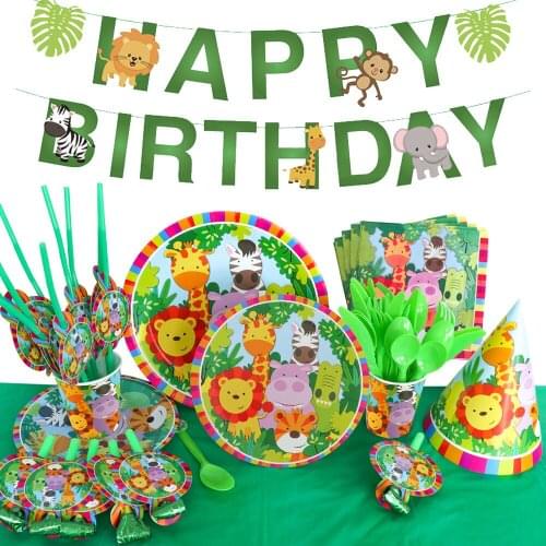 Woodland Jungle Animals Disposable Tableware Jungle Safari Birthday Party Kid Zoo Lion Zebra Boy Forest Balloon Decoration Set