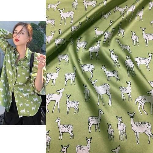 Spring and Summer New Matcha White on the Green Background Deer Digital Printing Stretch Satin Mulberry Silk Shirt Fabric