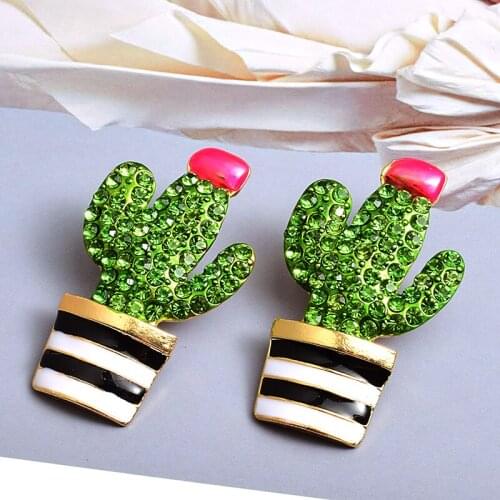 New Summer Cute Green Crystal Plant Earrings For Women Girls Cactus Drop Earrings Romantic Bridal Jewelry Accessories
