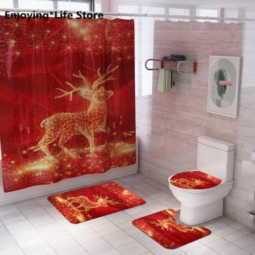 Christmas Deer Shower Curtain Carpet Mat Combination Bathroom Toilet Mat Bathroom Curtain Set Bathroom Rugs and Mat Set