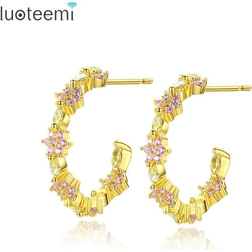 LUOTEEMI Two Colors Big Hoop Earrings for Women Cute Flower Cubic Zircons Jewelry Ingenious Simple Style Earring for Friends