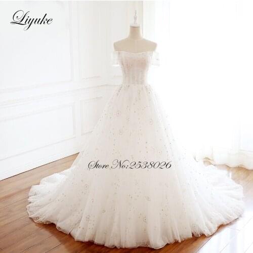 Liyuke Strapless A-Line Wedding Dresses Off The Shoulder Sleeves Customize Made Appliques Vestido De Noiva With Gold Beads