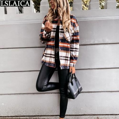 Blouse Women Fashion New Casual Loose Office Lady Women Clothing Plaid Pocket Long Sleeve Button Slim Mandarin Collar Tops Women