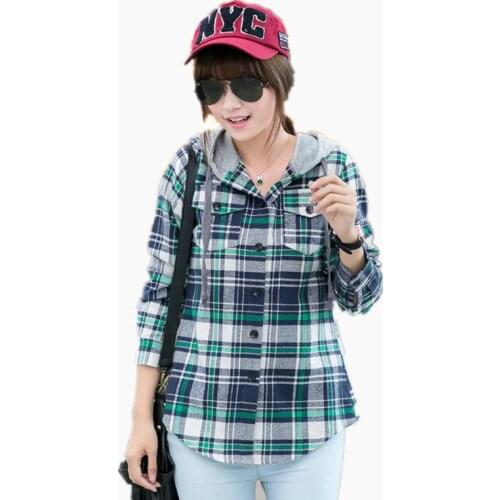 Women Casual Hooded Plaid Shirt Cotton Long Sleeved Tops Girls College Red Green Gray Cap Checkered Blouse Plaid Shirt Female