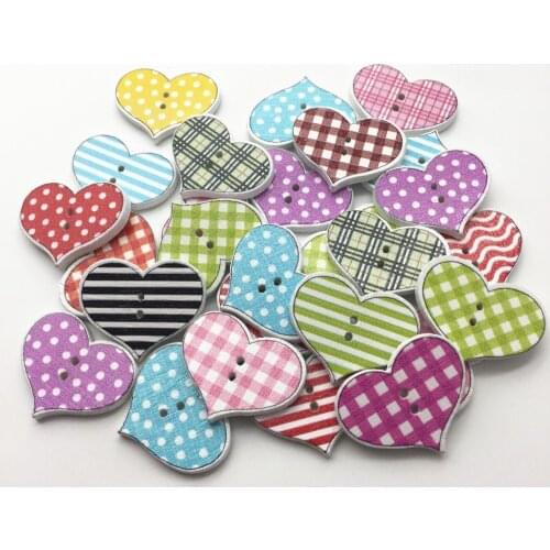 100pcs 25x20mm Mixed Heart Gingham Checks Wood Buttons 2 Holes Baby Fancy Sewing Accessoreis Cardmaking Scrapbook Embellishments