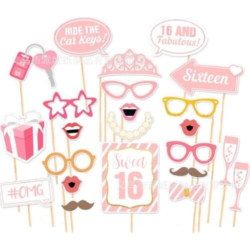 34Pcs/Set Sweet 16th Birthday Photo Booth Props Sweet 16 Party Decorations Pink Girl Birthday Photo Props PT37