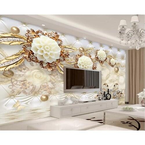 Beibehang Custom 3d luxury golden white flowers soft bag ball jewelry TV background papel de parede 3d wall papers home decor