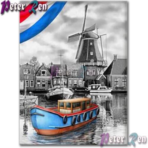 5d landscape Diamond Painting Embroider Windmill house boat Square or round Mosaic Cross stitch Rhinestone home decoration gift