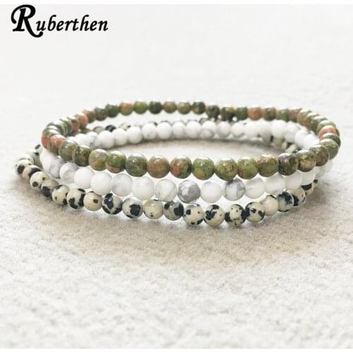 Ruberthen Unakite White Howlite Bracelet Set Natural Dalmatian Jaspers Bracelet 4 mm Mini Gem Stone Energy Bracelet