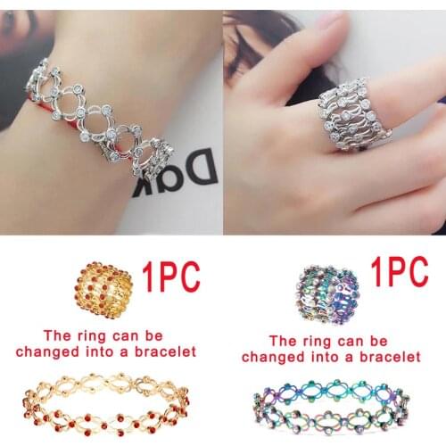 Charm Crystal Adjustable Ring Bracelet 2 In 1 Telescopic Rings Change Bracelet Women Girlfriend Fashion Creative Jewellery Gift