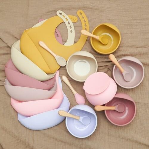Childrens Tableware Soild Food Training Waterproof Baby Bibs Infant Sucker Feeding Bowl And Wooden Handle Spoon Set Baby Stuff