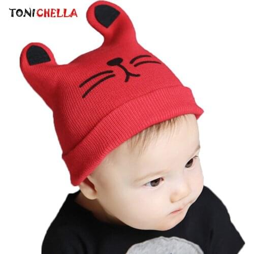 Baby Knitted Wool Hats Infant Cute Cat Printed Soft Fashion Warm Winter Autumn Boys Girls Toddler Knitting Children Caps CL5210