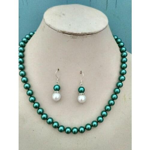 Long 16-18" 8mm Green Akoya Shell Pearl Necklace+Earring Set